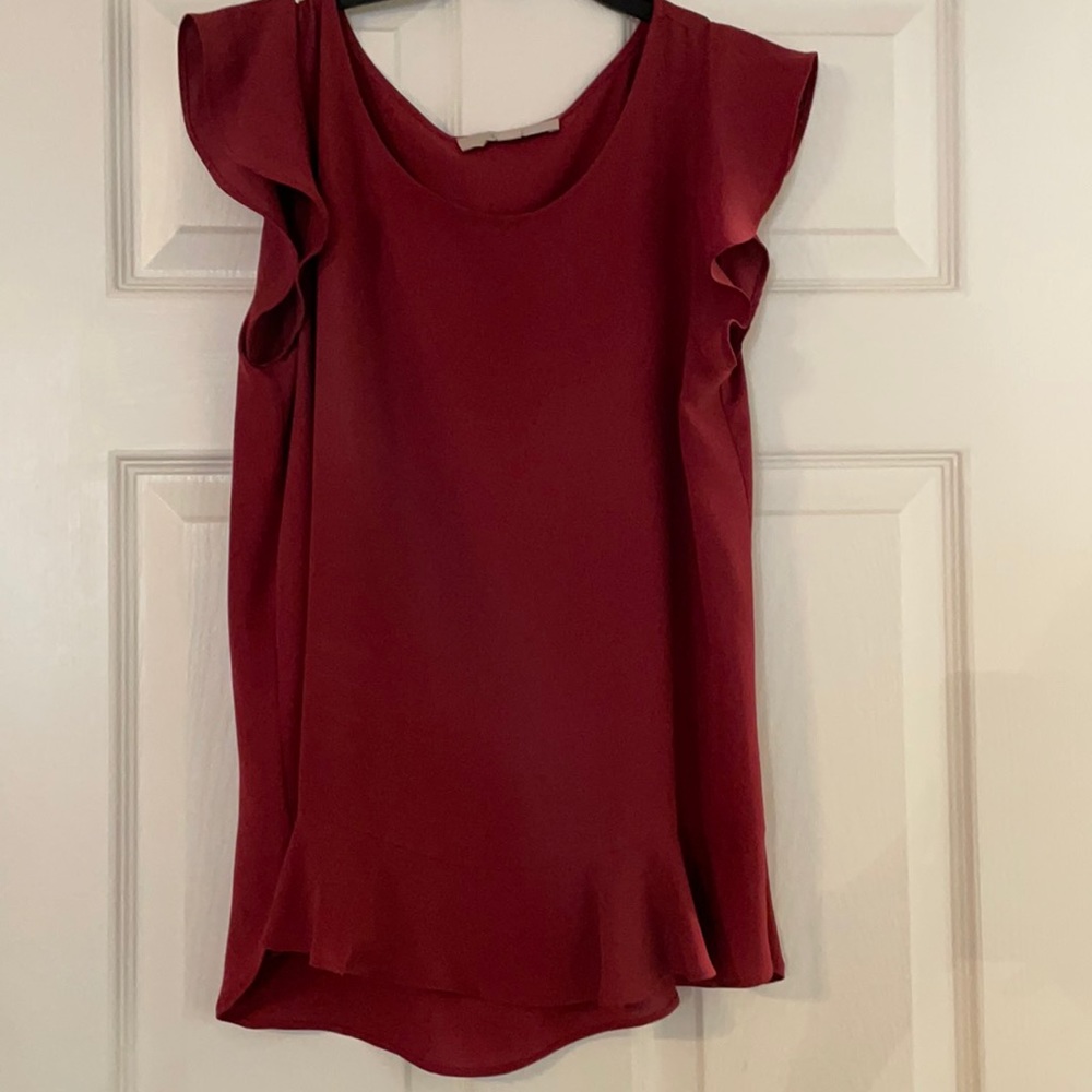 Loft burgundy blouse with ruffled sleeves